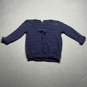 Splendid Navy Blue Knit Top Tie Front Sheer Stripe 3/4 Sleeve Size M Made in USA